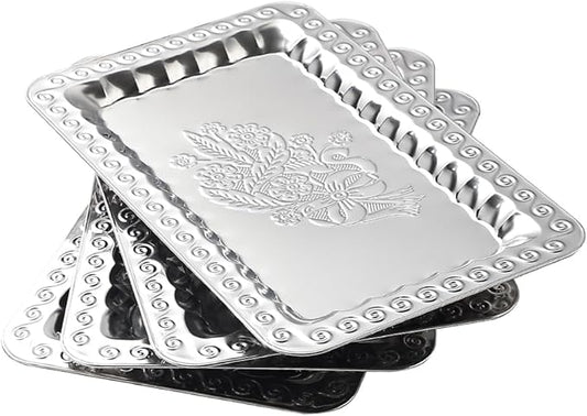 4-Pack Small Silver Serving Trays Set - ZENOVLUX Swirl Floral Engraved Mirror Decorative Tray, 11.4" x 7" Party Platters for Whiskey, Cookies, Charcuterie, Snacks, Desserts, Fruit, Party Food Display