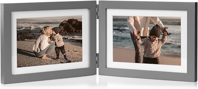 5x7 Double Horizontal Hinged Wood Picture Frame Folding Photo Frame with Real Glass Front in Gray for Tabletop, Display 4x6 with Mat or 5x7 without Mat P-HUI-2H57