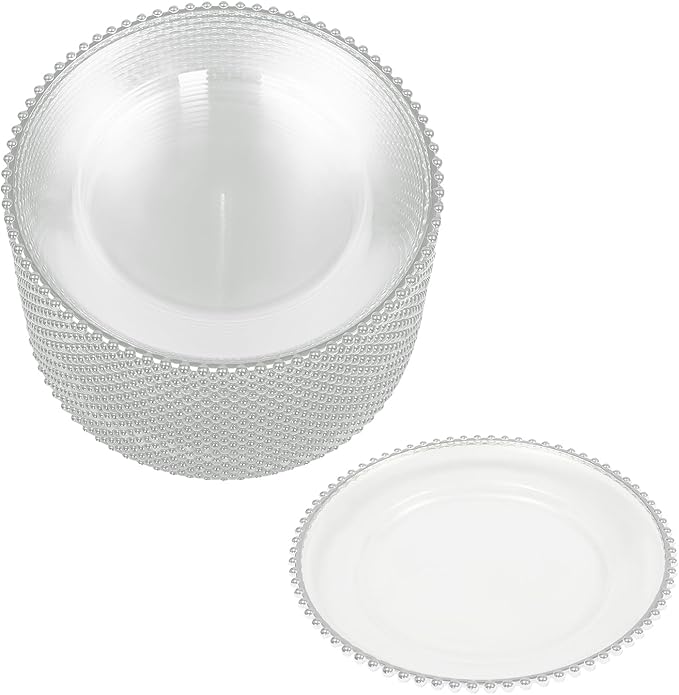 25 Pack Silver Charger Plates – Elegant Round Decorative Plates with Beaded Edge – Clear & Gold Hot-Stamped PS Platters for Weddings, Parties, Banquets – Stackable, Reusable
