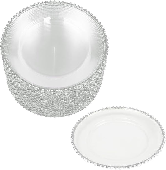 25 Pack Silver Charger Plates – Elegant Round Decorative Plates with Beaded Edge – Clear & Gold Hot-Stamped PS Platters for Weddings, Parties, Banquets – Stackable, Reusable
