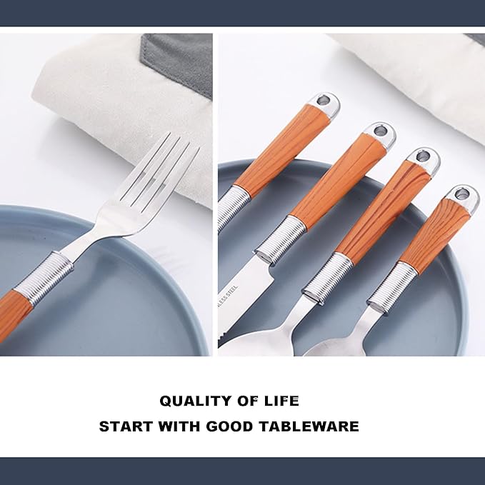 40-Piece Silverware,Service for 10，Woodgrain 410 Stainless Steel Portable Serving Set,Well Made，Ergonomic，Durable，Family Gatherings，Picnic，Everyday Household，Mirror Finish, Gift Box