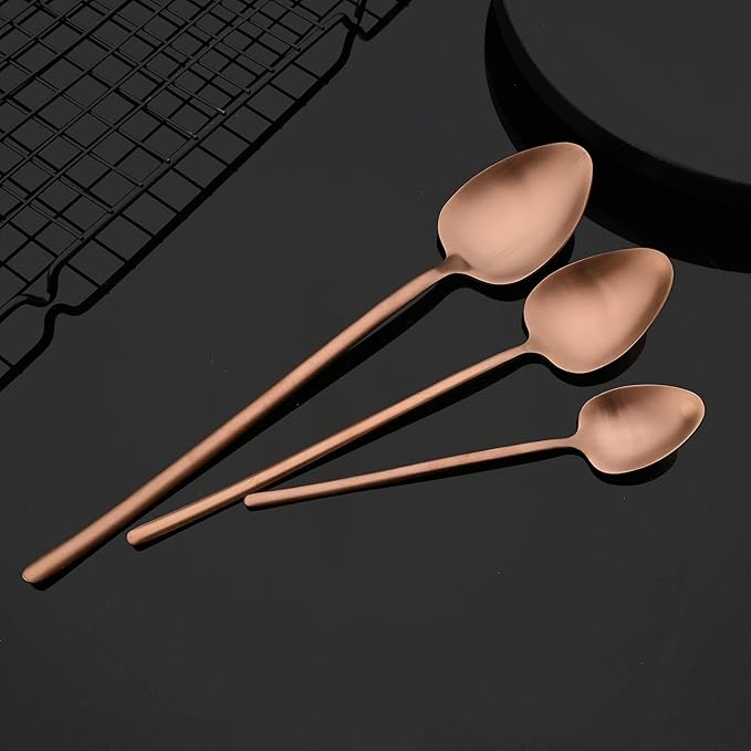 JASHII Modern Design 304 Stainless Steel 5.3" Tea Fork Set,3 prong Small Cake Fruit Forks and 5.4" Coffee Spoons Frosted Handle for Coffee Ice Cream Sugar Parties Events Wedding - Rose Gold