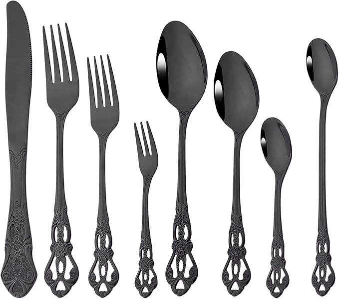 Elegant 32-Piece (4 Set) Retro Flatware Set, Stainless Steel Cutlery Set - Complete Eating Tableware Serving Set, Dishwasher Safe, Shiny Mirror Polish (Black)