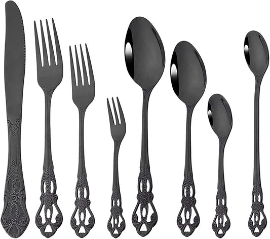 Elegant 32-Piece (4 Set) Retro Flatware Set, Stainless Steel Cutlery Set - Complete Eating Tableware Serving Set, Dishwasher Safe, Shiny Mirror Polish (Black)