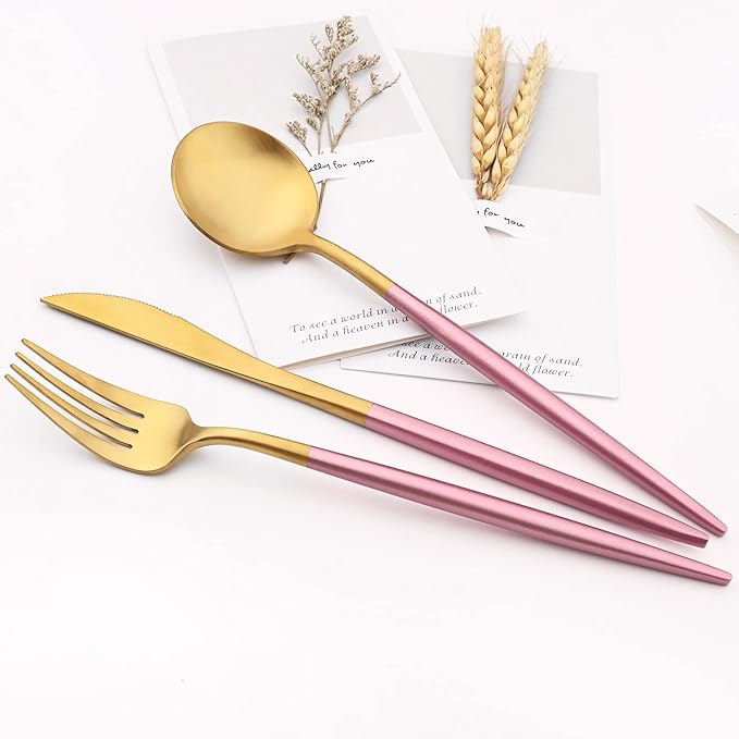 24-piece Snplowum Matte Gold Tableware, 18/10 Stainless Steel Utensils Heavy Serving Set With Pink Handle For Dinner & Dessert Home Restaurant Flatware Set, Service For 4 (Pink Gold)