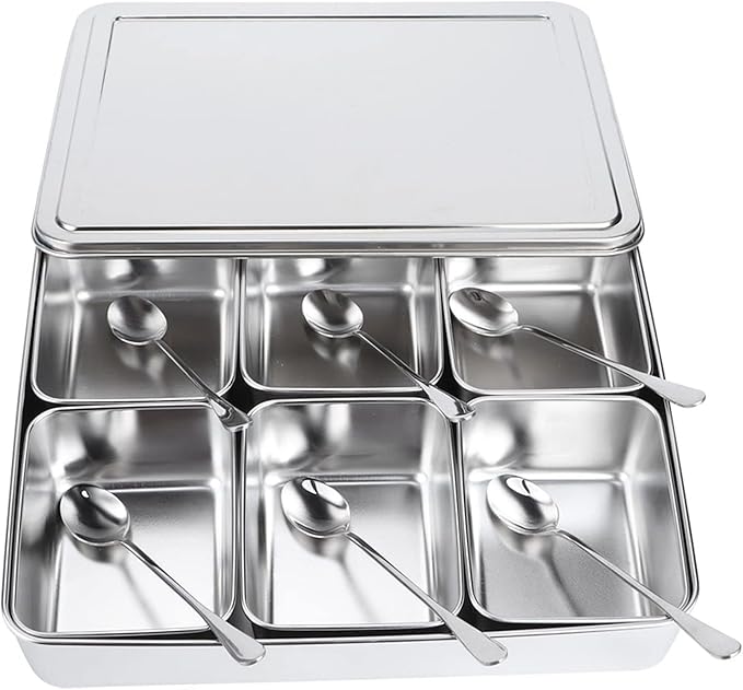 Condiment Containers with Lids, 6 Grids Salt and Sugar Container Sets, Spice Containers with Spoon, Divided Food Storage Containers Condiment Caddy Condiment Dispenser