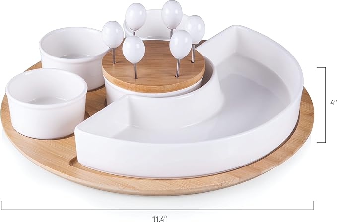 PICNIC TIME NFL Symphony Appetizer Serving Tray Set, Party Platter Set, Appetizer Plate, (Bamboo & White Ceramic)