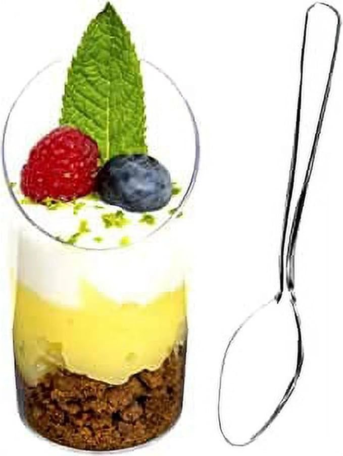 DLux 32 x 2.5 oz Mini Dessert Cups with Spoons, Slanted Round - Clear Plastic Parfait Appetizer Cup - Small Reusable Serving Bowl for Tasting Party Desserts Appetizers - With Recipe Ebook