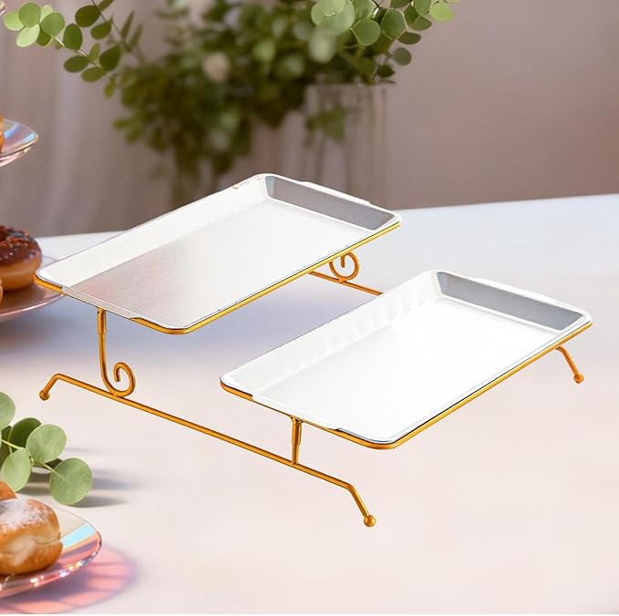 Fruit Tray Dessert Tray Serving Dish Two Layer Platter Organizer Iron Construction Modern Design Suitable for Gift Giving Dining Table Event, Silver