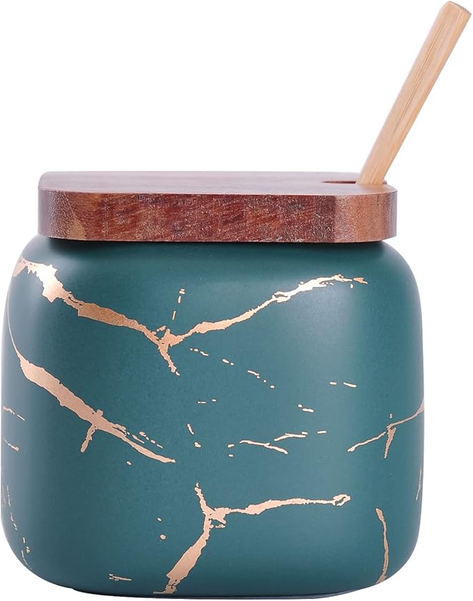 VanEnjoy Decorative Marble Inlay Glaze Ceramic Sugar Spice Containers Porcelain Jar with Bamboo Lid and Spoon Condiment Jar for Home