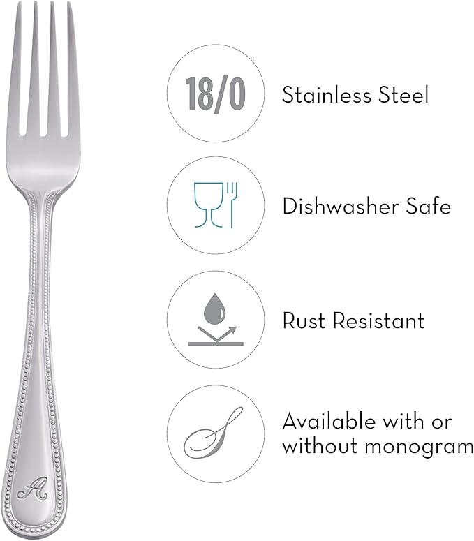 RiverRidge Monogrammed Beaded Flatware Set - X - 46-Piece Silverware with Custom Letter Stamp, 18/0 Stainless Steel Utensils Set for Daily Use & Special Occasions - Dishwasher Safe, Versatile Design