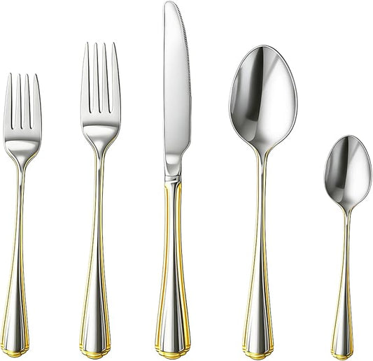 40 Piece Flatware Set - 18/10 Stainless Steel Silverware Set for 8 - Complete Cutlery with Gorgeous Gold Trim Handles - For Kitchen and Dining, Home Essentials - Dishwasher Safe (40 Piece, Verona)
