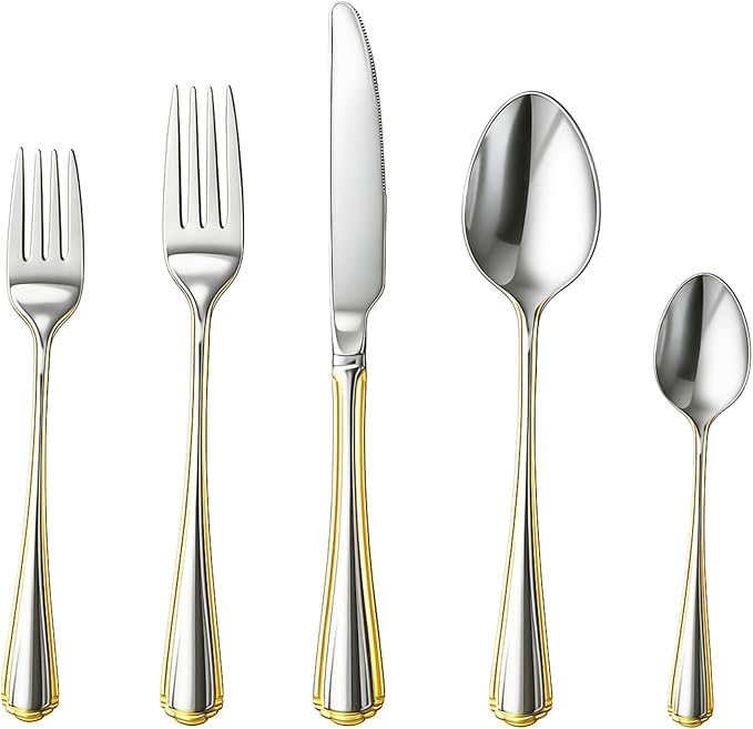 20 Piece Flatware Set - Gold Trim Handles - Stainless Steel 18/10 Silverware - Complete Cutlery Set for 4 - Home Essentials, Kitchen and Dining, Dishwasher Safe - For All Occasions (20 Piece, Verona)