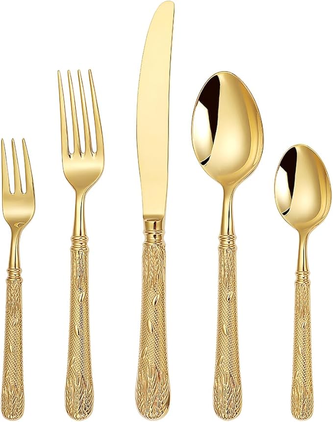 Luxury 20-Piece Wheat Ear Design Silverware Set, Premium 18/10 Stainless Steel Flatware, Serving 4. (Gold)