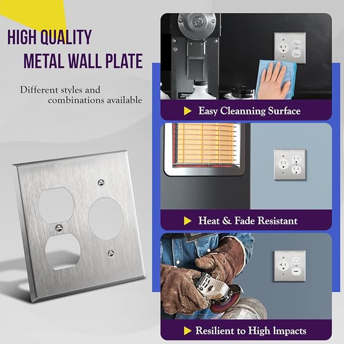 ENERLITES Combination Duplex Outlet or Single Receptacle 1.406" Hole Metal Wall Plate, Corrosive Resistant, Size 2-Gang 4.50" x 4.57", 772151, 430 Stainless Steel, UL Listed, Silver