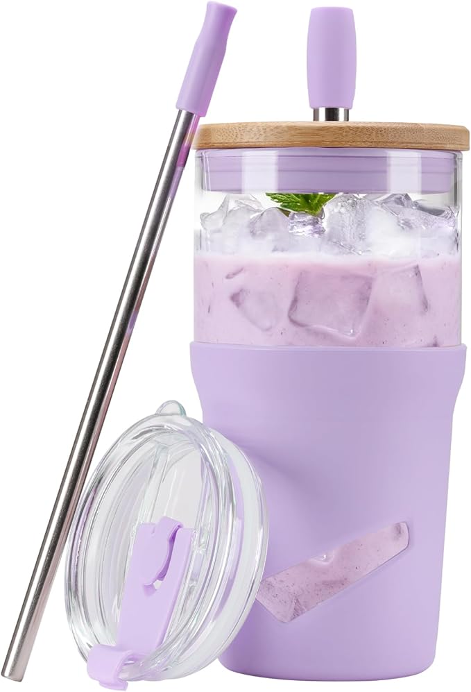 Glass Tumbler with Lids and Straws, 20 oz Iced Coffee Cup and Smoothie Cup with Bamboo Lid and On the go Lid,Glass Cups With Straws