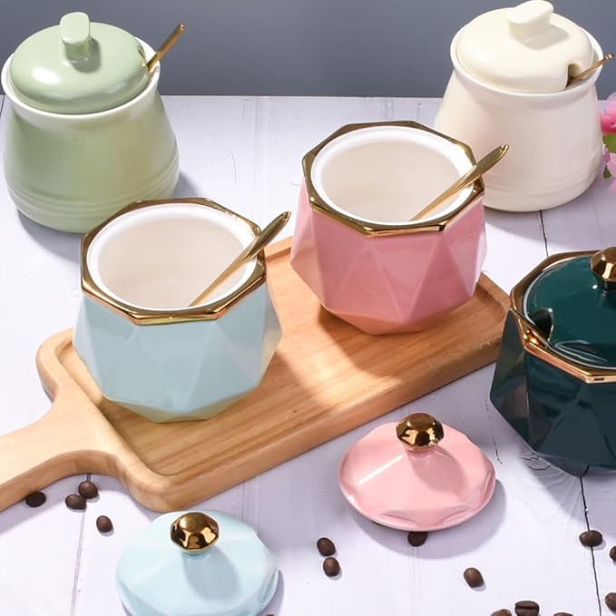 Sugar Bowl with Lid and Spoon, 9.5 oz Ceramic Sugar Bowl,Multi-Function Sugar Container Spice Container Salt Jar Condiment Bowls Sugar Jar for Kitchen Storage Organization 9.5 oz（280ml (Pink)