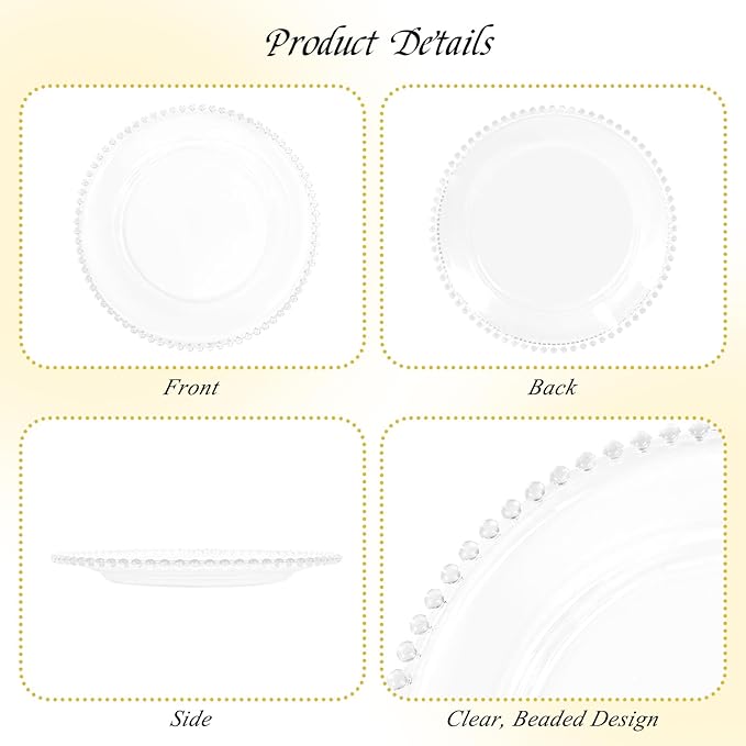 12 Pack Clear Charger Plates with Beaded Rim, 13 Inch Plastic Chargers for Dinner Plates Acrylic Round Tabletop Decoration for Home Kitchen Catering Wedding Table Event Party Dinner (Clear)