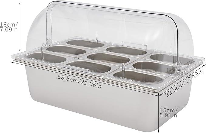 9 Pans Ice Food Serving Display Container w/Clear Roll Top Cover, Stainless Steel Serving Tray Catering Supplies Buffet Display Condiment Dispenser Plate Case for Restaurant Hotel Kitchen