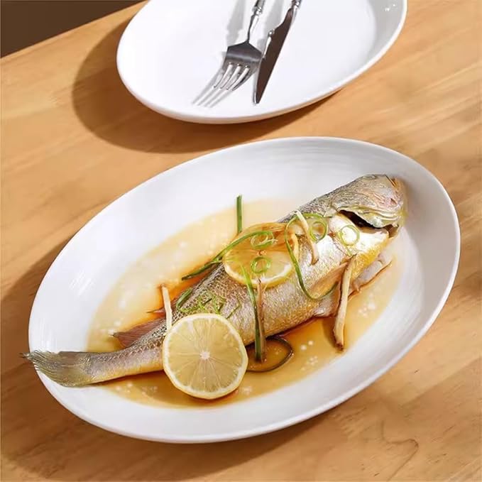 SONGCHAO Party Supplies Fish Plate Household Steamed Fish Plate Ceramic Pure Cabbage Plate Light Luxury Plate Creative Oven Double Line Plate Dinner Plate Party Plates (Size : Small)