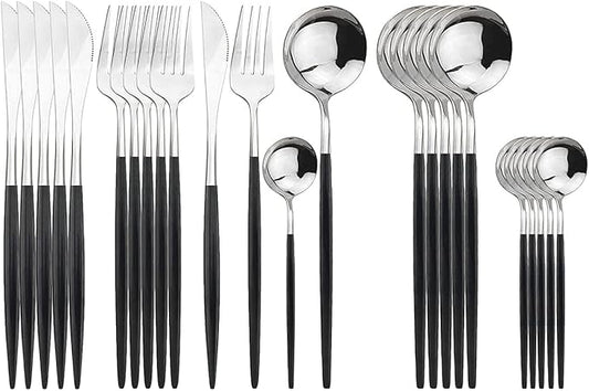 Silver Silverware Set, 24-Piece Stainless Steel Flatware Set Service For 6, Mirror Polished Black Handle Tableware Cutlery Set Knife Fork And Spoon For Home & Restaurant, Dishwasher Safe