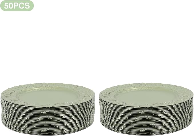 50 Pcs Antique Charger Plates Bulk 13" Round Floral Chargers for Dinner Plates, Green Charger Plates for Wedding, Party, Elegant Tabletop Decor (Green)