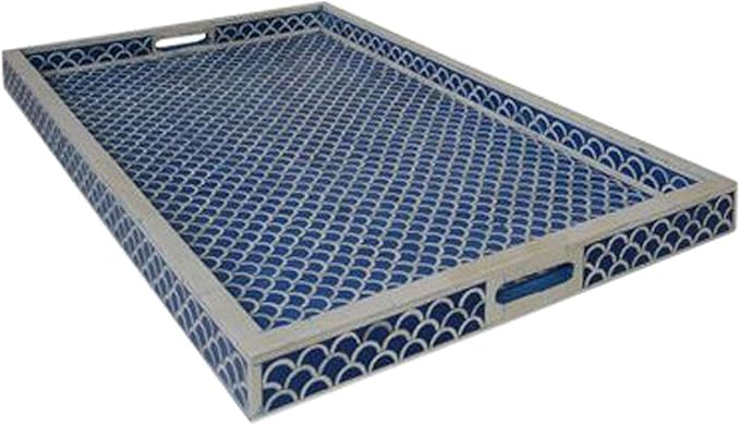 Hansa It's Worth IT Handmade Serving Tray Bone Inlay Decorative Rectangular Geometric Pattern Tray Elegant Fancy and Decorative Serving Platter for Tea, Kitchen, Coffee Table,Dining (Blue & White)