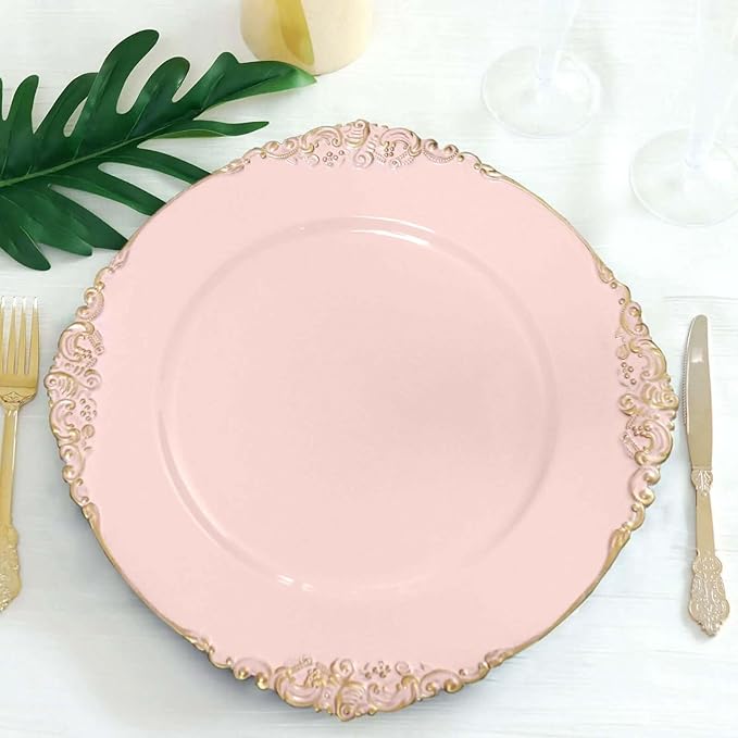 13" Charger Plates -Set of 12 - Acrylic Blush Round Baroque Disposable Chargers Leaf Embossed Rim, Ideal for Dinner Party Wedding Bulk Events