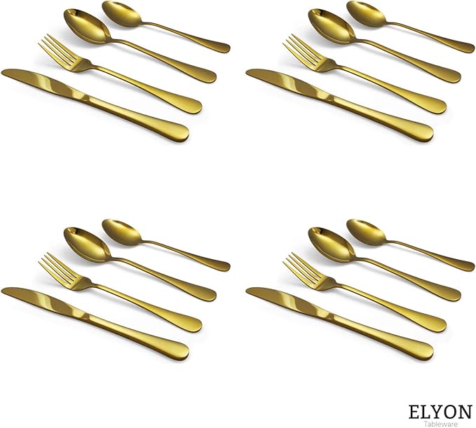 Elyon Tableware 16-piece Gold Flatware, Stainless Steel Silverware Set, Reflective Mirror Finish Cutlery Set, Reusable Dishwasher Safe, Service For 4