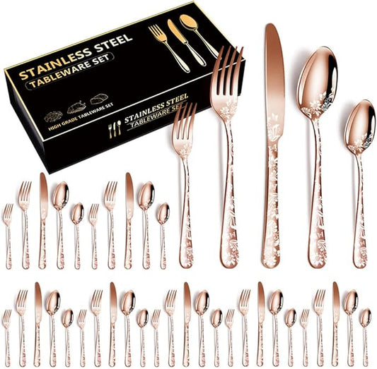 XIAOYU 40 Piece Silverware Set, Stainless Steel Flatware Set, Service for 8, Unique Pattern Design, Includes Dinner Knives/Forks/Spoons, Mirror Polished Cutlery Set, Rose Gold