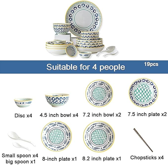 Dinnerware Sets Dish Set,19 Pcss,Creativity Japanese-Style Porcelain Tableware Set with Plates and Bowls,Ceramic Dinner Set for Home Kitchen