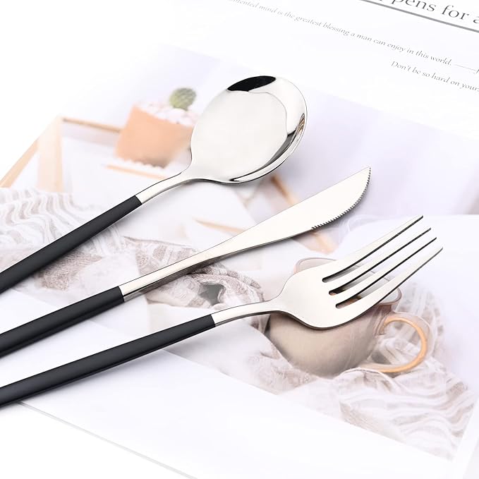 32 pcs Splicing Color handle Cutlery Set, Mirror Silver 18/0 Stainless Steel Flatware Set For 8, Metal Tableware Kitchen Utensils Include Dinner Knife/Fork/Spoon/Teaspoon, Black Silver