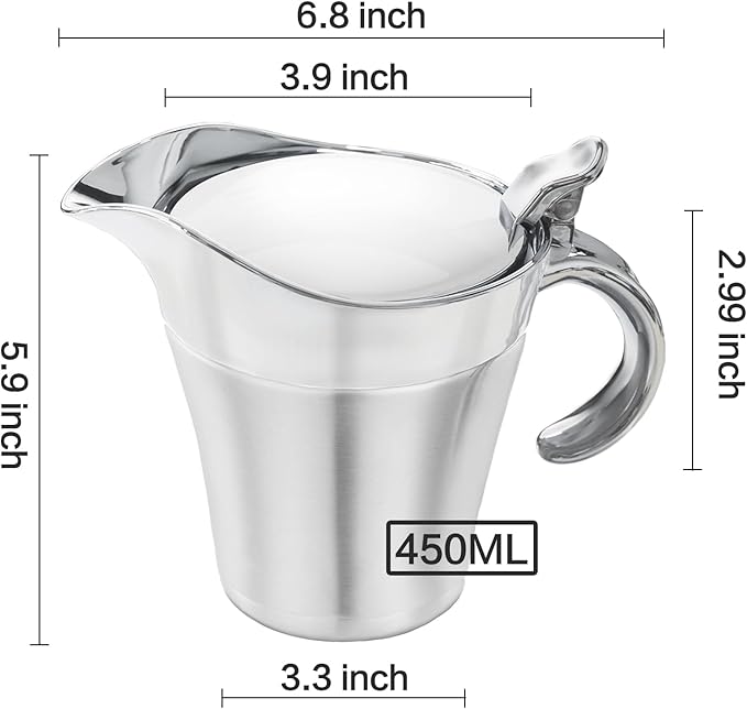 Gravy Boat Stainless Steel Double Insulated Sauce Jug with Hinged Lid, Perfect for Serving Jars of Gravy or Cream for Thanksgiving, Halloween, Christmas (450ML-16oz -Sliver）