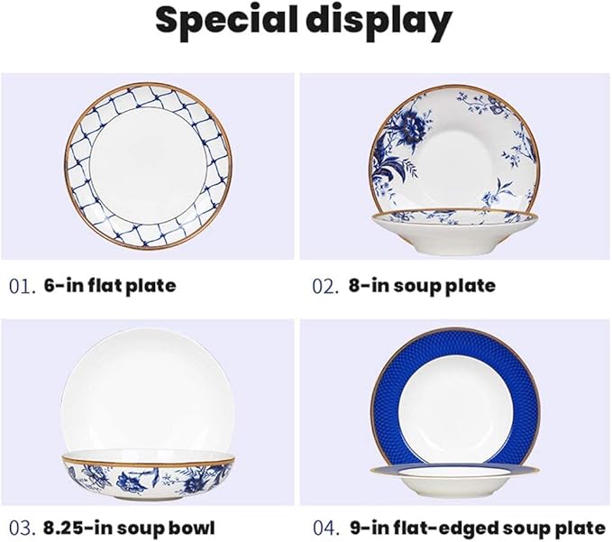 Home Tableware Set Ceramics Dinner Sets, 60 Pieces Upscale Bone China Dinnerware Set Plate/Bowl/Soup Pot - Blue and White Porcelain Combination Set for Family Gathering