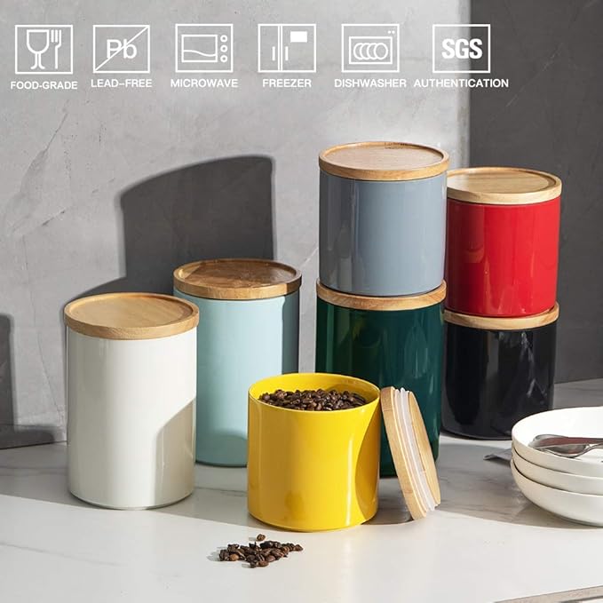 Sweejar Kitchen Canisters Ceramic Food Storage Jar Set, Stackable Containers with Airtight Seal Wooden Lid for Serving Ground Coffee, Tea, Herbs, Grains, Sugar, Salt - Set of 4 (Gradient Orange)
