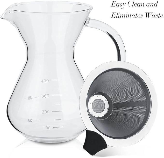 Pour Over Coffee Maker, 13oz Borosilicate Glass Brewer with Permanent Stainless Steel Filter - Complete Dripper Set for 1-2 Cups, Ideal for Home, Camping & Cafe Use