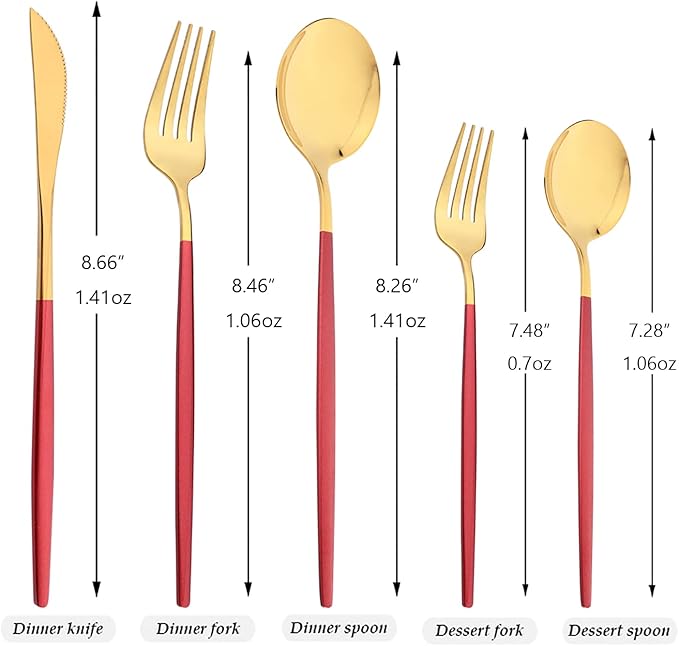30-Piece Snplowum Mirror Flatware Serving Set, 18/0 Stainless Steel Dinnerware With Red Handle, Modern Durable Home Kitchen Eating Tableware Set Service For 6 (Red Gold)