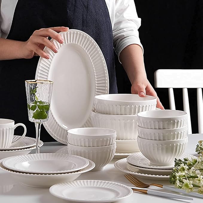 Porcelain Dinnerware Sets Plates and Bowls Sets 19 Pcs Dinnerware Sets, Porcelain Tableware Set with Plates and Bowls, White Ceramic Dinner Set, Microwave and Dishwasher Safe