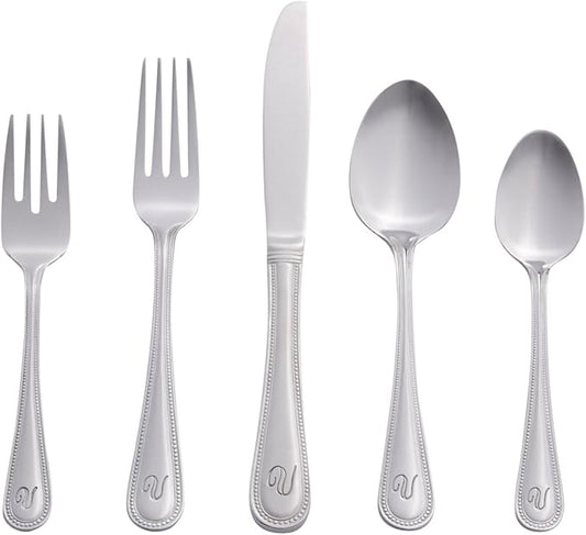 RiverRidge Monogrammed Beaded Flatware Set - V - 46-Piece Silverware with Custom Letter Stamp, 18/0 Stainless Steel Utensils Set for Daily Use & Special Occasions - Dishwasher Safe, Versatile Design