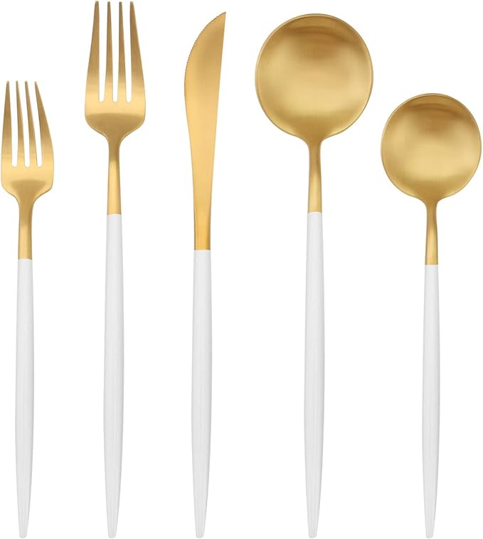 Matte Gold Silverware Set with white handle, Bysta 5-Piece Stainless Steel Flatware Set, Kitchen Utensil Set Service for 1, Tableware Cutlery Set for Home and Restaurant, Satin Finish, Dishwasher Safe