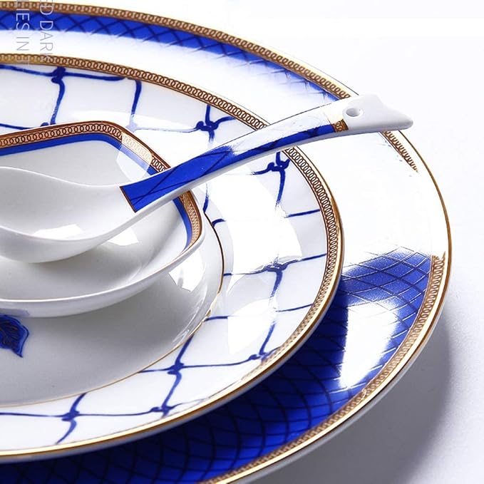 Porcelain Dinner Set Home Tableware Set Ceramics Dinner Sets, 60 Pieces Upscale Bone China Dinnerware Set Plate/Bowl/Soup Pot - Blue and White Porcelain Combination Set for Family
