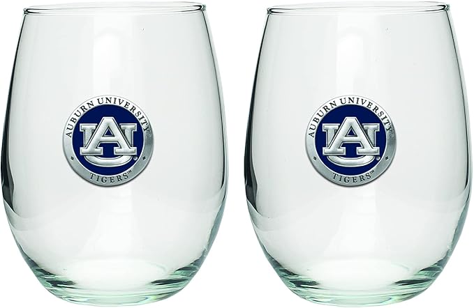Heritage Pewter Auburn Tigers Stemless Glass Goblets – Set of 2 | 15 OZ Goblet Wine Glasses | Expertly Crafted Pewter Glass