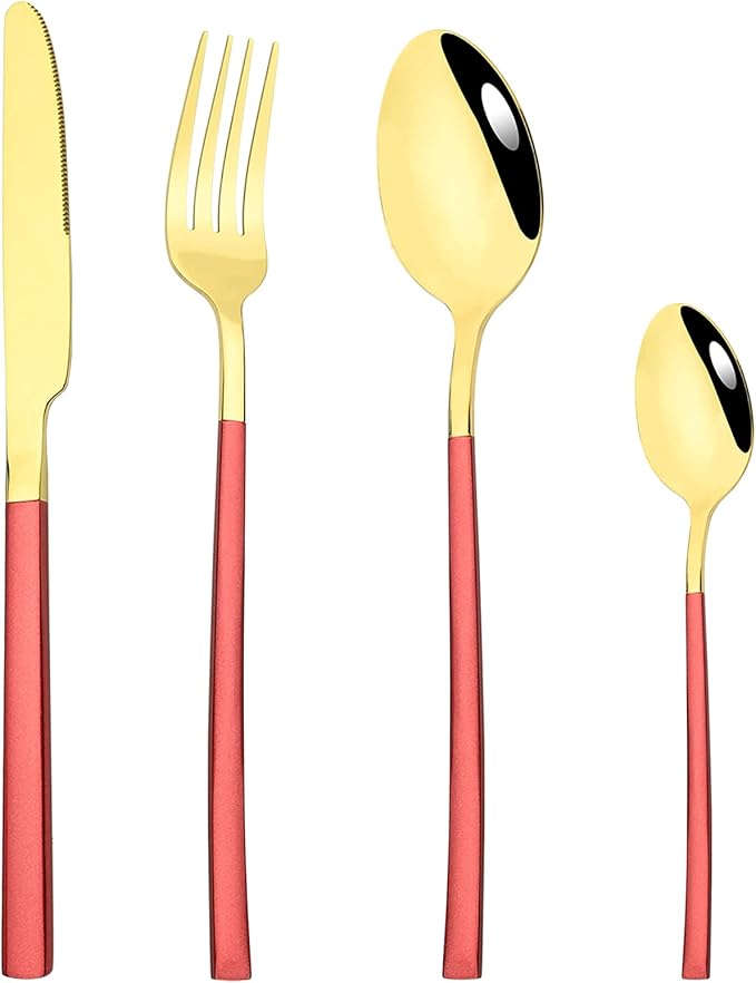 24 Piece Mirror Golden Plated 18/0 Stainless Steel Flatware Set, Red Handle With Golden Mouth Silverware Set With Teaspoon Cutlery Set Service for 6