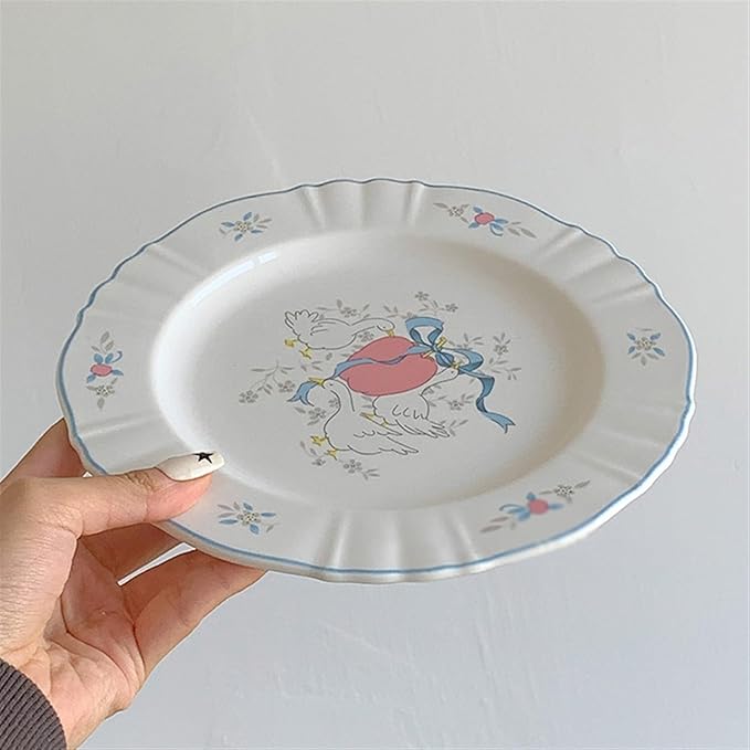 SONGCHAO Party Supplies Retro Ceramic Dinner Plate Blue Edge Ceramic Plate Breakfast Plate Fruit Plate Dessert Plate Home Round Flat Plate Party Plates