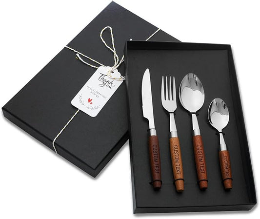 Custom Silverware Set, Personalized Engraved Text Stainless Steel Cutlery with Beech Wood Handle - Dinner Knife, Dinner Fork,Dinner Spoon, Dessert Spoon Set of 4 for Home and Restaurant, Flatware Set