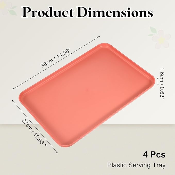 uxcell 4Pcs Plastic Serving Trays, 15 x 10.6 Inch Rectangle Food Trays Serving Cafeteria for Kitchen Restaurant Coffee Fruit Burger Lunch Dessert, Orange