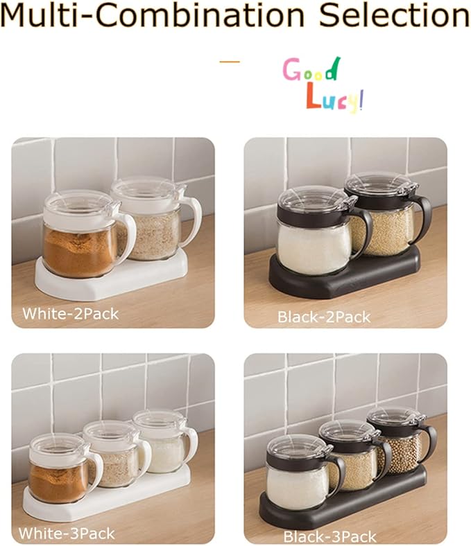 NAN Wind Glass Seasoning Box Set,12oz/350 ml Condiment Set With Lids and Spoon,Clear Glass Condiment Canisters,2Pack Scondiment Jar Set for Sugar Pepper for Kitchen Counter(Black)