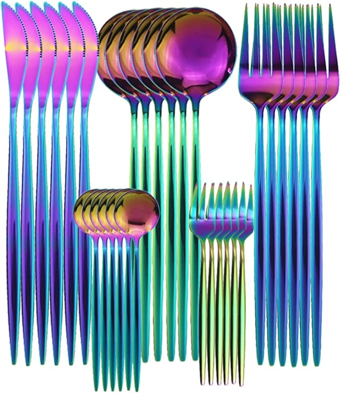 Gugrida Flatware Set 30 Piece, Food Grade Stainless Steel With Titanium Colorful Plated, Multicolor Flatware Set, Shiny Silverware, Rainbow Color Cutlery Set Service For 6