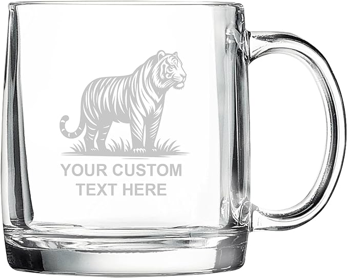 Tiger, Personalized 12.5 oz Polar Camel Glass Coffee Desk Mug – Custom Laser Engraved Clear Cup for Tea, Espresso, Latte, Whiskey - Microwave Safe/Made in USA
