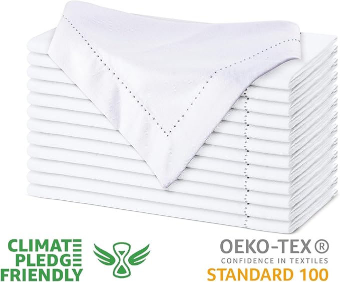 Urban Villa Cloth Napkins White Hemstitch Dinner Napkins Set of 12 (20X20) 100% Cotton Absorbent Washable Durable Reusable Ideal for Hotel Collection Christmas Parties Restaurant Lunch Dinner Napkins